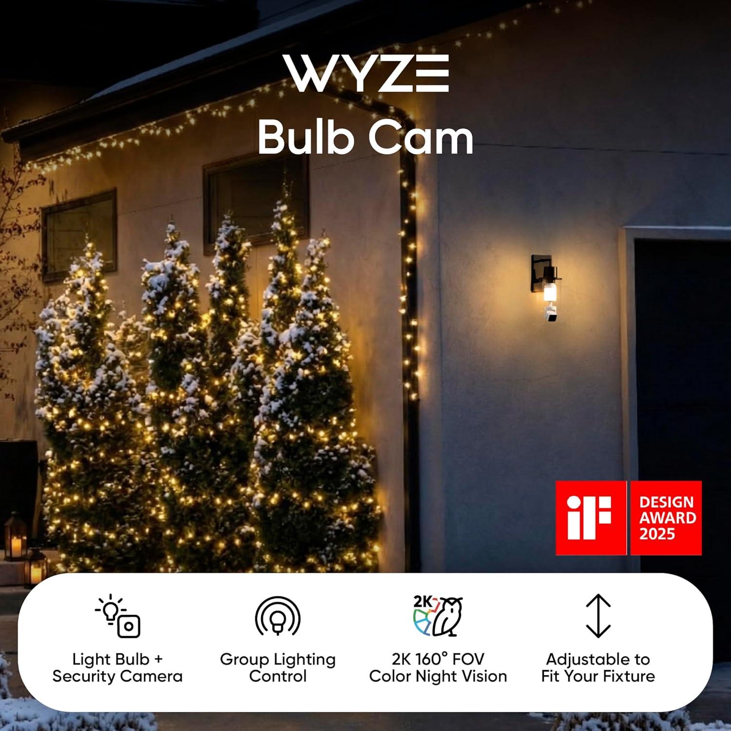 imageWYZE Bulb Cam Security Camera 2K HD Outdoor Light Bulb Camera Color Night Vision Dimmable LED Bulb Motion Detection Siren Alarm Works wAlexaGoogle Assistant Free Expert SupportBulb Cam Only