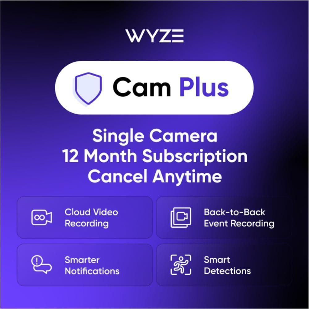 imageWyze Security Plan  Cam Plus  1 Camera  1 Month Subscription AI features  Smart Detection for Person Pet Package Vehicle and Glass Break  Security Surveillance and Monitoring  Rolling 14 Days Event Video Recording  Activation Required  Cancel Anytime12 Months  1 Camera
