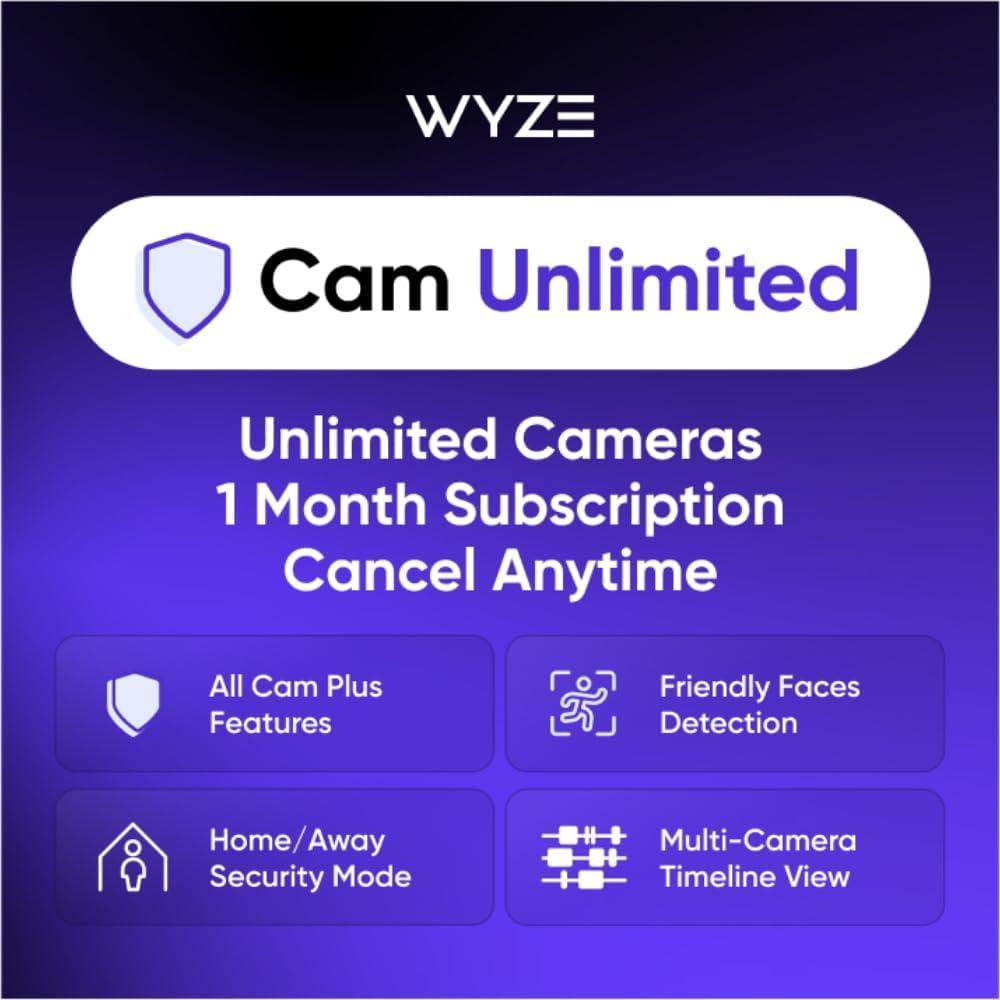imageWyze Security Plan  Cam Plus  1 Camera  1 Month Subscription AI features  Smart Detection for Person Pet Package Vehicle and Glass Break  Security Surveillance and Monitoring  Rolling 14 Days Event Video Recording  Activation Required  Cancel Anytime1 Month  Unlimited Cameras