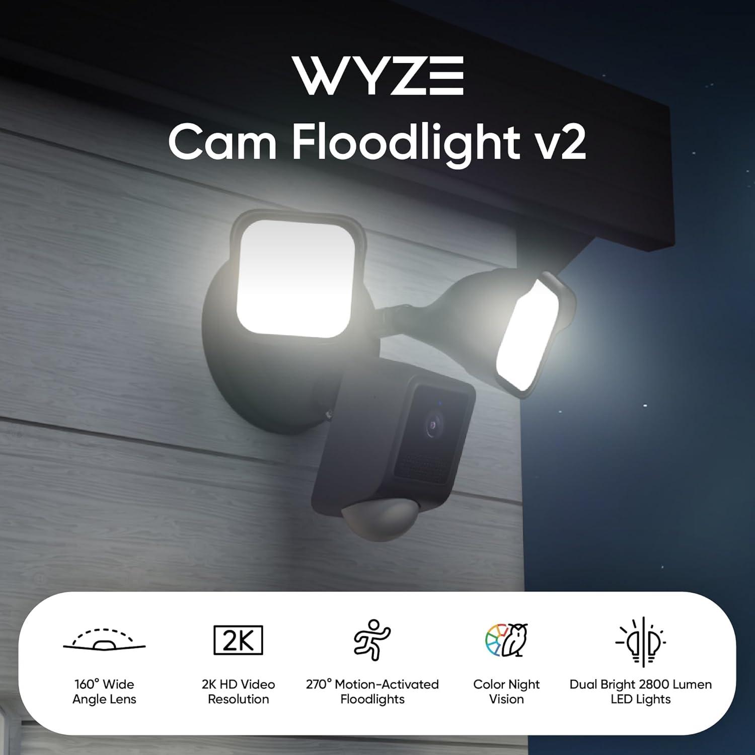 imageWYZE Floodlight Camera v2 Security Camera Outdoor 2K HD with Color Night Vision 2800Lumen LEDs 160 Wide View 105dB Siren Works with Alexa amp Google Assistant Wired Free Expert SupportBlack