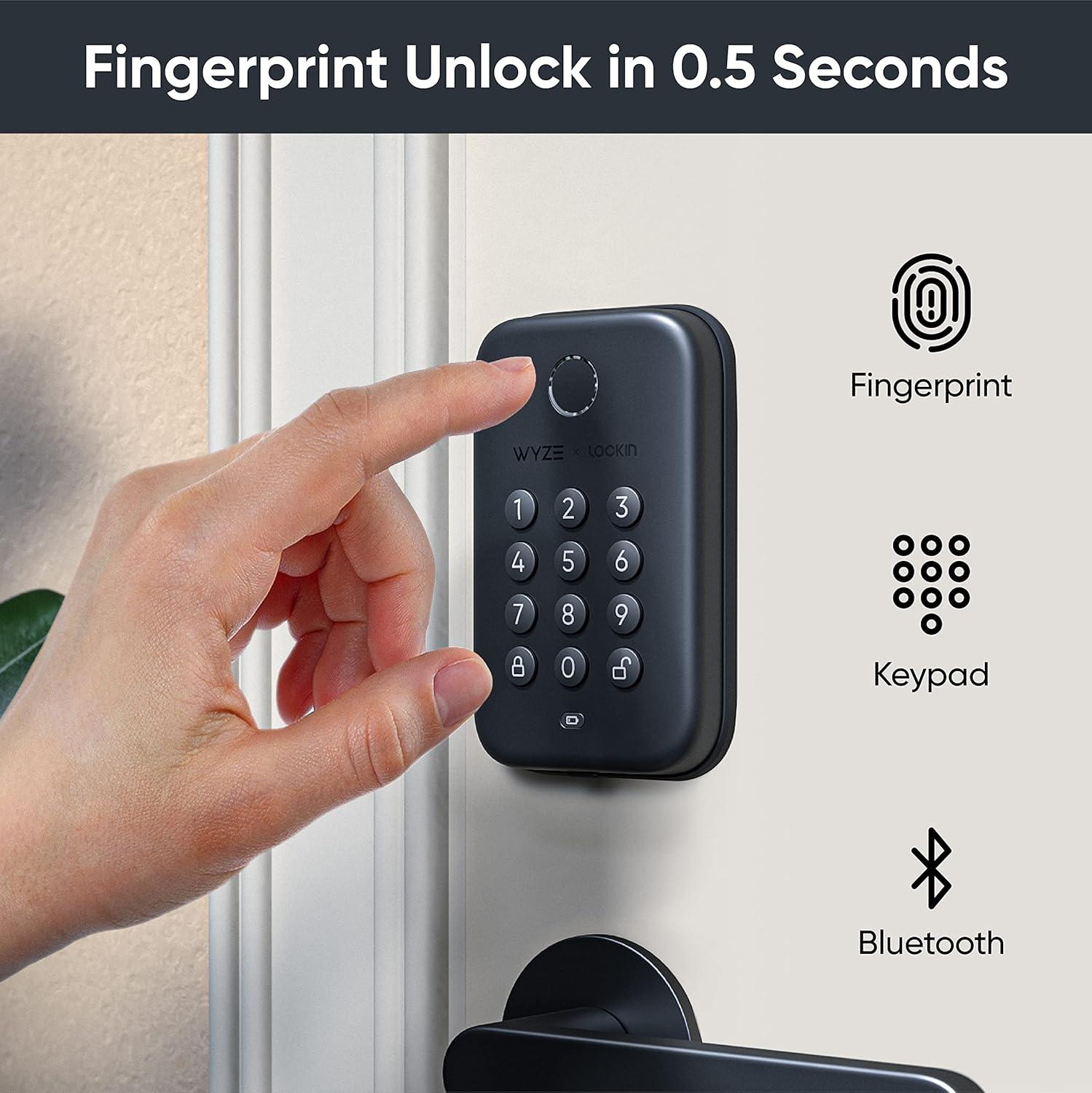 imageWyze AutoLock Bolt Fingerprint Keyless Entry Door Smart Bluetooth Deadbolt Replacement Backlit Keypad IPX5 Weatherproof inApp History and Scheduled Access BHMA UL 20Min Fire RatedMatte Black